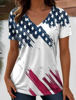 Discount Women's Patriotic T Shirt Flag Flag National Flag Stylish Casual Red White And Blue Short Sleeve V Neck Regular Tops Daily Print Blue Summer Spring Women Independence Day Top