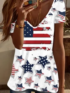 Online Women's Patriotic T Shirt Graphic American Flag Vintage Stylish Classic Short Sleeve V Neck Regular Tops Daily Print Red / Blue Summer Spring Women Independence Day Top