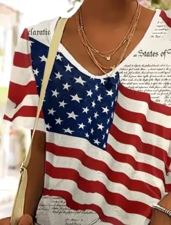 Sale Women's Patriotic T Shirt Flag American Flag Vintage Fashion Hawaiian Short Sleeve V Neck Regular Tops Daily Weekend Beach Wear Print Summer Spring Women Independence Day Top