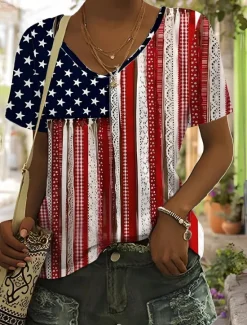 Outlet Women's Patriotic T Shirt Graphic American Flag Vintage Stylish Classic Short Sleeve V Neck Regular Tops Daily Weekend Print Blue Summer Spring Women Independence Day Top