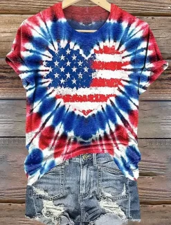 New Women's Patriotic T Shirt Graphic Flag Vintage Stylish Classic Short Sleeve Crew Neck Regular Tops Daily Weekend Print Summer Spring Women Independence Day Top