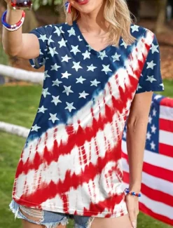 Clearance Women's Patriotic T Shirt Graphic American Flag Vintage Stylish Casual Short Sleeve V Neck Regular Tops Daily Weekend Print Red Blue Dusty Blue Summer Spring Women Independence Day Top
