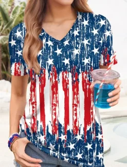Clearance Women's Patriotic T Shirt Graphic American Flag Vintage Stylish Casual Short Sleeve V Neck Regular Tops Daily Weekend Print Red Blue Dusty Blue Summer Spring Women Independence Day Top