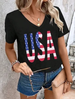 Best Women's Patriotic T Shirt Graphic USA Vintage Stylish Classic Short Sleeve V Neck Regular Tops Daily Print Black White Summer Spring Women Independence Day Top
