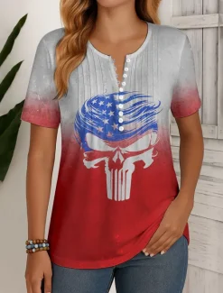 Hot Women's Patriotic T Shirt Ombre Graphic Flag Vintage Stylish Classic Short Sleeve Round Neck Regular Tops Daily Weekend Beach Wear Buttons Smocked Print Red Blue Women Independence Day Top