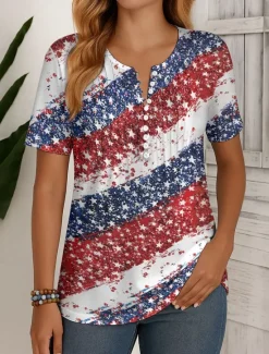 Hot Women's Patriotic T Shirt Ombre Graphic Flag Vintage Stylish Classic Short Sleeve Round Neck Regular Tops Daily Weekend Beach Wear Buttons Smocked Print Red Blue Women Independence Day Top