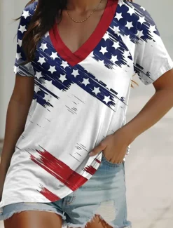 Best Women's Patriotic T Shirt Flag Casual Red White And Blue Short Sleeve V Neck Regular Tops Daily Print Black Blue Summer Women Independence Day Top