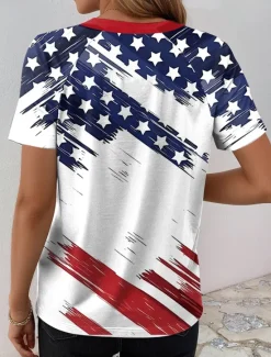 Best Women's Patriotic T Shirt Flag Casual Red White And Blue Short Sleeve V Neck Regular Tops Daily Print Black Blue Summer Women Independence Day Top