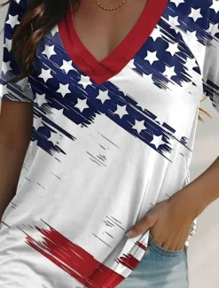 Best Women's Patriotic T Shirt Flag Casual Red White And Blue Short Sleeve V Neck Regular Tops Daily Print Black Blue Summer Women Independence Day Top