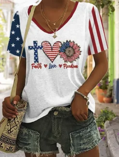 New Women's Patriotic T Shirt Graphic American Flag Vintage Stylish Classic Short Sleeve V Neck Regular Tops Daily Weekend Print Summer Women Independence Day Top