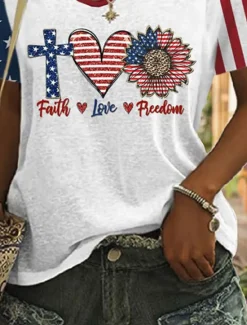 New Women's Patriotic T Shirt Graphic American Flag Vintage Stylish Classic Short Sleeve V Neck Regular Tops Daily Weekend Print Summer Women Independence Day Top