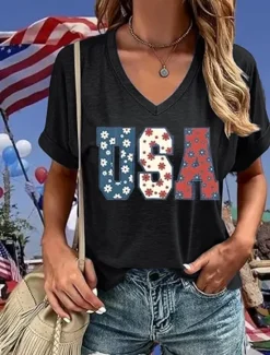 Discount Women's Patriotic T Shirt Graphic American Flag Vintage Stylish Classic Short Sleeve V Neck Regular Tops Daily Print Black Red Navy Blue Summer Spring Women Independence Day Top