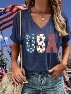 Discount Women's Patriotic T Shirt Graphic American Flag Vintage Stylish Classic Short Sleeve V Neck Regular Tops Daily Print Black Red Navy Blue Summer Spring Women Independence Day Top