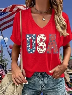 Discount Women's Patriotic T Shirt Graphic American Flag Vintage Stylish Classic Short Sleeve V Neck Regular Tops Daily Print Black Red Navy Blue Summer Spring Women Independence Day Top