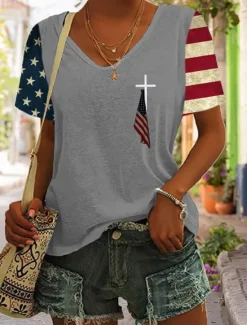 Outlet Women's Patriotic T Shirt Graphic American Flag Vintage Stylish Classic Short Sleeve V Neck Regular Tops Daily Weekend Print Black Blue Gray Summer Women Independence Day Top