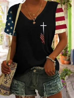 Outlet Women's Patriotic T Shirt Graphic American Flag Vintage Stylish Classic Short Sleeve V Neck Regular Tops Daily Weekend Print Black Blue Gray Summer Women Independence Day Top
