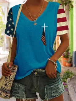 Outlet Women's Patriotic T Shirt Graphic American Flag Vintage Stylish Classic Short Sleeve V Neck Regular Tops Daily Weekend Print Black Blue Gray Summer Women Independence Day Top