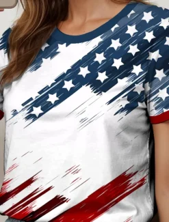 Online Women's Patriotic T Shirt Graphic Flag American Flag Vintage Stylish Classic Red White And Blue Short Sleeve Crew Neck Round Neck Tops Daily Print White Light Blue Women Independence Day Top