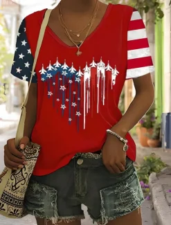 Outlet Women's Patriotic T Shirt Graphic American Flag Vintage Stylish Classic Short Sleeve V Neck Regular Tops Daily Weekend Print Black Summer Spring Women Independence Day Top