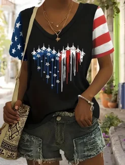 Outlet Women's Patriotic T Shirt Graphic American Flag Vintage Stylish Classic Short Sleeve V Neck Regular Tops Daily Weekend Print Black Summer Spring Women Independence Day Top