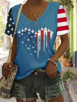 Outlet Women's Patriotic T Shirt Graphic American Flag Vintage Stylish Classic Short Sleeve V Neck Regular Tops Daily Weekend Print Black Summer Spring Women Independence Day Top