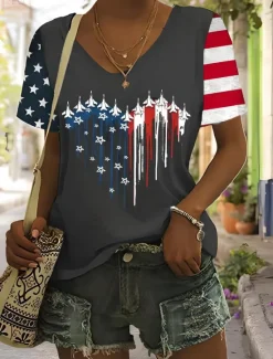 Outlet Women's Patriotic T Shirt Graphic American Flag Vintage Stylish Classic Short Sleeve V Neck Regular Tops Daily Weekend Print Black Summer Spring Women Independence Day Top