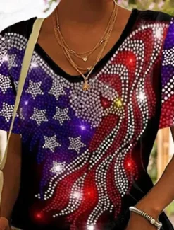 New Women's Patriotic T Shirt Graphic Flag Vintage Stylish Classic Short Sleeve V Neck Regular Tops Daily Print Black Purple Green Summer Spring Women Independence Day Top