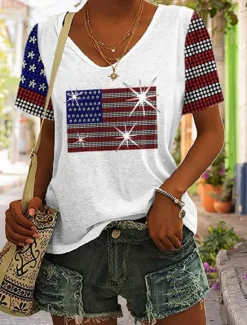 Discount Women's Patriotic T Shirt Graphic Flag Vintage Stylish Casual Short Sleeve V Neck Regular Tops Daily Print Black White Gray Summer Spring Women Independence Day Top