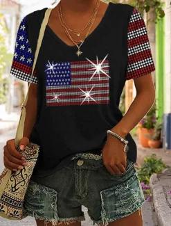 Discount Women's Patriotic T Shirt Graphic Flag Vintage Stylish Casual Short Sleeve V Neck Regular Tops Daily Print Black White Gray Summer Spring Women Independence Day Top