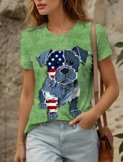 Online Women's Patriotic T Shirt Graphic Animal Flag Vintage Stylish Classic Short Sleeve Crew Neck Round Neck Regular Tops Daily Weekend Print Yellow Red Blue Purple Green Women Independence Day Top
