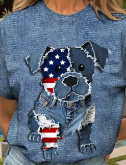 Online Women's Patriotic T Shirt Graphic Animal Flag Vintage Stylish Classic Short Sleeve Crew Neck Round Neck Regular Tops Daily Weekend Print Yellow Red Blue Purple Green Women Independence Day Top