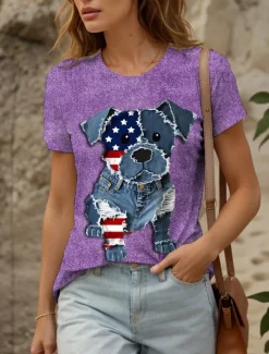 Online Women's Patriotic T Shirt Graphic Animal Flag Vintage Stylish Classic Short Sleeve Crew Neck Round Neck Regular Tops Daily Weekend Print Yellow Red Blue Purple Green Women Independence Day Top