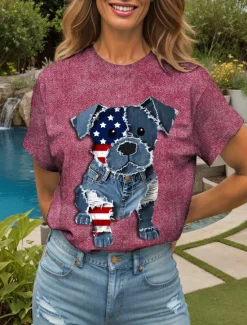 Online Women's Patriotic T Shirt Graphic Animal Flag Vintage Stylish Classic Short Sleeve Crew Neck Round Neck Regular Tops Daily Weekend Print Yellow Red Blue Purple Green Women Independence Day Top