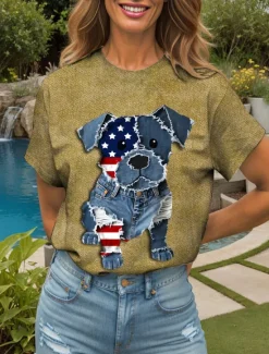 Online Women's Patriotic T Shirt Graphic Animal Flag Vintage Stylish Classic Short Sleeve Crew Neck Round Neck Regular Tops Daily Weekend Print Yellow Red Blue Purple Green Women Independence Day Top