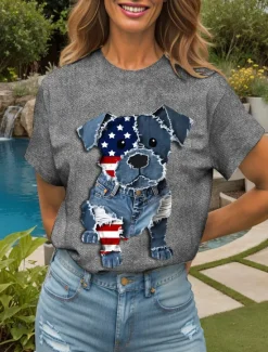 Online Women's Patriotic T Shirt Graphic Animal Flag Vintage Stylish Classic Short Sleeve Crew Neck Round Neck Regular Tops Daily Weekend Print Yellow Red Blue Purple Green Women Independence Day Top