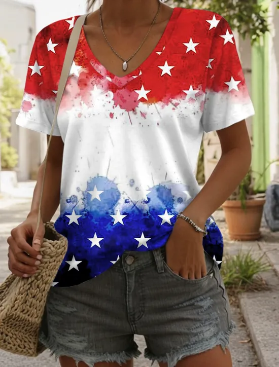 Online Women's Patriotic T Shirt Flag Stylish Casual Red White And Blue Short Sleeve V Neck Regular Tops Daily Print Blue Summer Women Independence Day Top
