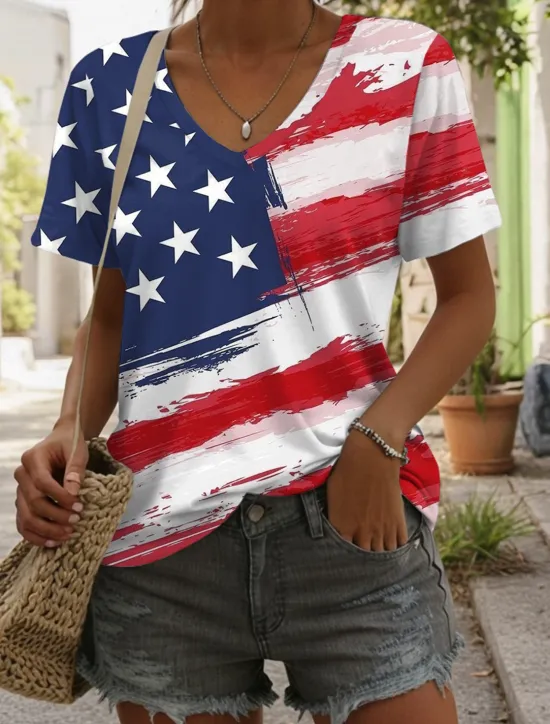 Online Women's Patriotic T Shirt Flag Stylish Casual Red White And Blue Short Sleeve V Neck Regular Tops Daily Print Blue Summer Women Independence Day Top
