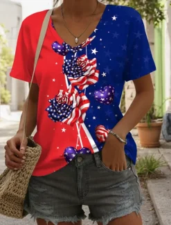 Online Women's Patriotic T Shirt Flag Stylish Casual Red White And Blue Short Sleeve V Neck Regular Tops Daily Print Blue Summer Women Independence Day Top