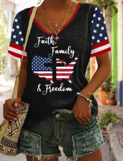 New Women's Patriotic T Shirt Graphic Flag Vintage Stylish Classic Short Sleeve V Neck Regular Tops Daily Print Black White Red Navy Blue Summer Spring Women Independence Day Top