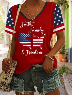 New Women's Patriotic T Shirt Graphic Flag Vintage Stylish Classic Short Sleeve V Neck Regular Tops Daily Print Black White Red Navy Blue Summer Spring Women Independence Day Top