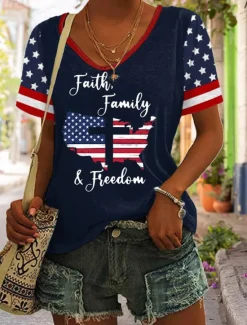 New Women's Patriotic T Shirt Graphic Flag Vintage Stylish Classic Short Sleeve V Neck Regular Tops Daily Print Black White Red Navy Blue Summer Spring Women Independence Day Top