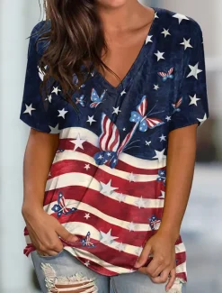 Best Women's Patriotic T Shirt American Flag Stylish Casual Red White And Red White And Short Sleeve V Neck Regular Tops Print Summer Women T-Shirts|Independence Day Top
