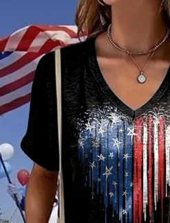 Online Women's Patriotic T Shirt Heart Graphic American Flag Vintage Stylish Classic Short Sleeve V Neck Regular Tops Daily Weekend Print Summer Spring Women Independence Day Top