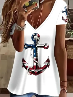 Clearance Women's Patriotic T Shirt Graphic American Flag Vintage Stylish Classic Short Sleeve V Neck Regular Tops Daily Print Summer Spring Women Independence Day Top