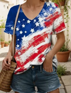 Hot Women's Patriotic T Shirt Graphic American Flag Vintage Stylish Classic White And Blue Short Sleeve V Neck Regular Tops Daily Weekend Print Summer Spring Women Independence Day Top