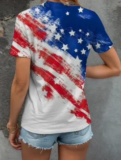 Hot Women's Patriotic T Shirt Graphic American Flag Vintage Stylish Classic White And Blue Short Sleeve V Neck Regular Tops Daily Weekend Print Summer Spring Women Independence Day Top