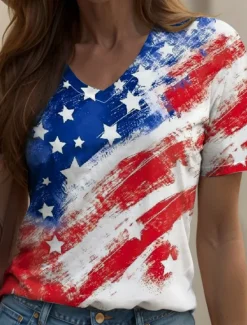 Hot Women's Patriotic T Shirt Graphic American Flag Vintage Stylish Classic White And Blue Short Sleeve V Neck Regular Tops Daily Weekend Print Summer Spring Women Independence Day Top