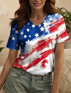 Hot Women's Patriotic T Shirt Graphic American Flag Vintage Stylish Classic White And Blue Short Sleeve V Neck Regular Tops Daily Weekend Print Summer Spring Women Independence Day Top