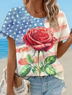 Sale Women's Patriotic T Shirt Graphic Flag Vintage Stylish Classic Short Sleeve Crew Neck Round Neck Regular Tops Daily Weekend Print White Red Dusty Blue Light Blue Women Independence Day Top