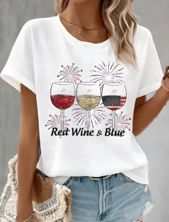 Sale Women's Patriotic T Shirt Graphic Flag Vintage Stylish Classic Short Sleeve Crew Neck Round Neck Regular Tops Daily Weekend Print White Red Dusty Blue Light Blue Women Independence Day Top